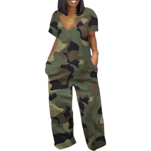 Women Fashion Camouflage Tye Dye Summer Casual Short Sleeve Jumpsuit Romper Long Pants Overalls Female Clothing