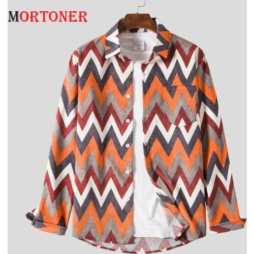MORTONER 2021 Mens Corduroy Orange Wavy Stripes Fashion Printed Shirt Casual Fit Cotton Long-sleeved jackets Shirt Chemise