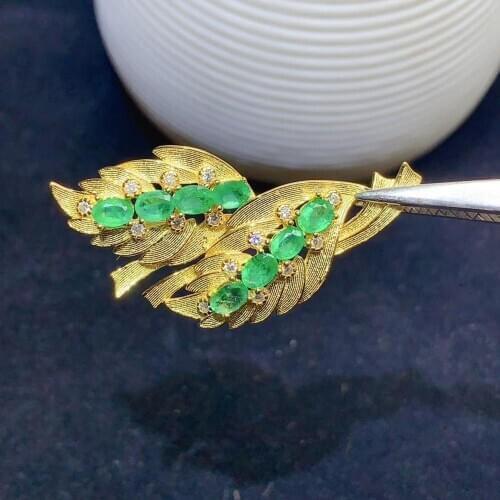 Natural green Emerald brooch S925 silver Natural gemstone brooch Pendant trendy leaf Feather women two wears party gift jewelry