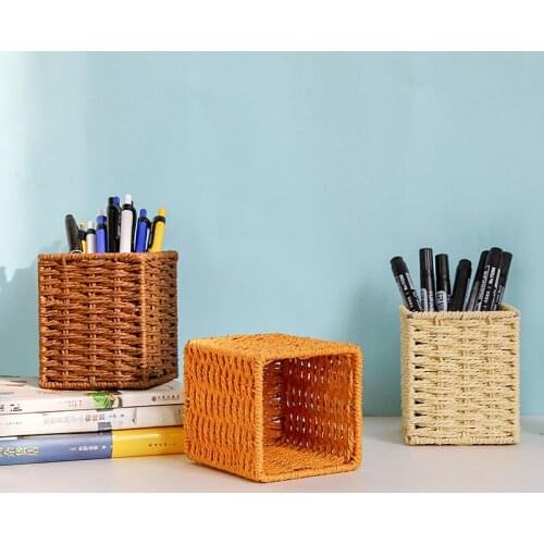 2021 New Weaving Simple Pen Holder Creative Handmade Straw Storage Box Office Desk Pen Holder Coffee Table Sundries Box