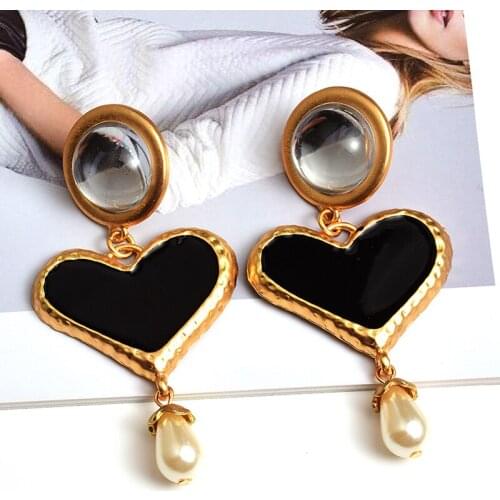 New Brand Bohemian Enamel Love Heart Dangle Earrings For Women Pearls Exaggerated Statement Drop Earrings