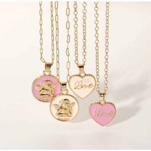 New Ins Vintage Color Love Heart Necklace Simple Drop Oil Cupid Angel Necklaces For Women Girls Fashion Jewelry Gift