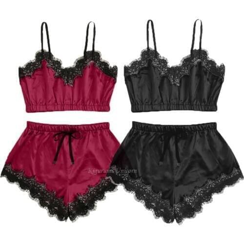 Sexy Women Lace Sleepwear S - 2XL Plus Size Lace Silk Comfortable Lingerie Nightgown Sleevel Girlsess Nighty Sets Pajama Pants