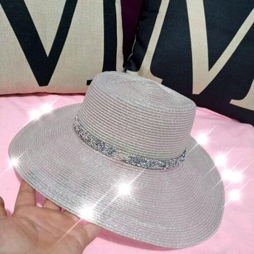 Flat Top Women Lady Chapeu Feminino Beach hat Shining Sequins Wide Brim Fashion Sun Protection Beach Hat Female