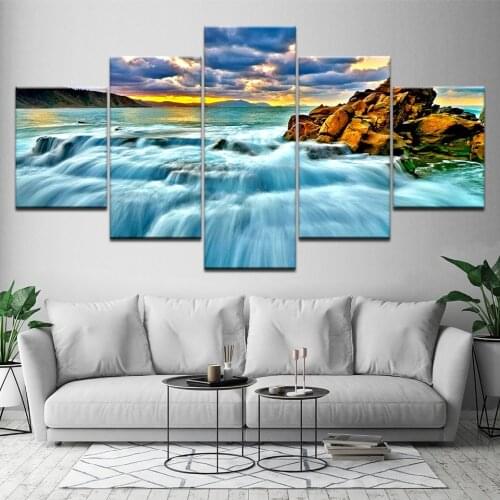 Framed 5 Pieces Modular Wall Art Pictures Blue Waterfall Landscape Printed Canvas Paintings Home Decor Wall Pictures Artwork