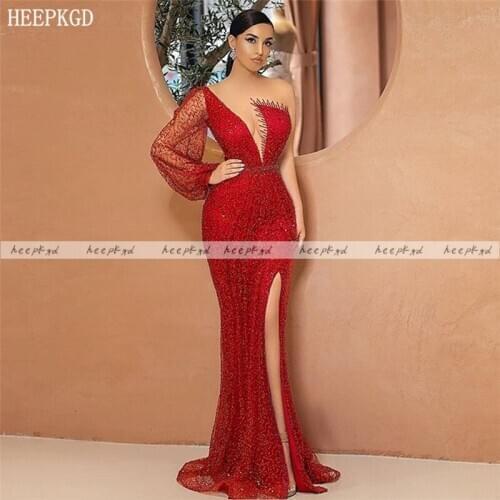 Luxury Red Beads Mermaid Arabic Evening Dress High Slit One Shoulder Sexy Women Prom Gown Plus Size Special Occasion Party Dress