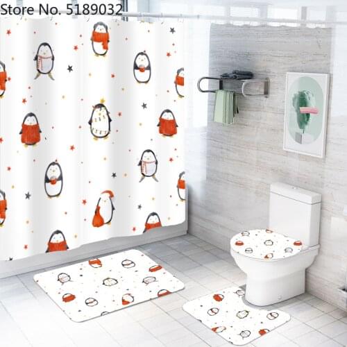 Christmas Penguin Shower Curtain Sets 4 Pieces Bath Mat Set with Bath Rug Toilet Cover Floor Mat,Waterproof Bathroom Curtains