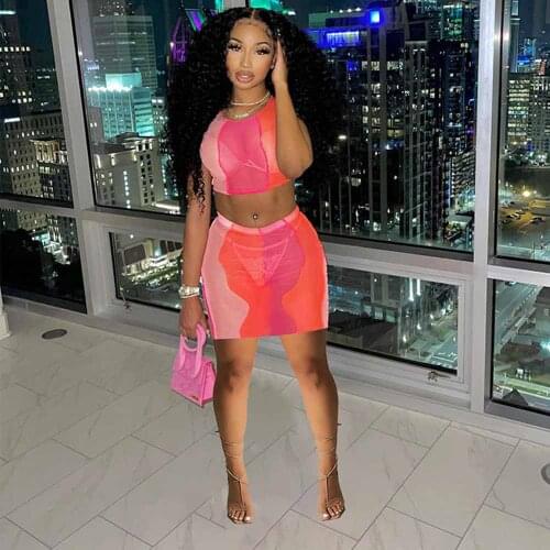 Mesh Sheer Contrast Color Spliced 2 Two Piece Dress Sets Summer Outfits Sleeveless Slim Fit Crop Top and See Through Mini Skirt