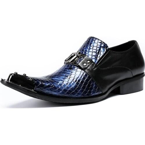 Fashion Mens Shoes New Summer Casual Personality Metal Pointed Classic Retro Leather Crocodile Pattern Blue Mens Shoes