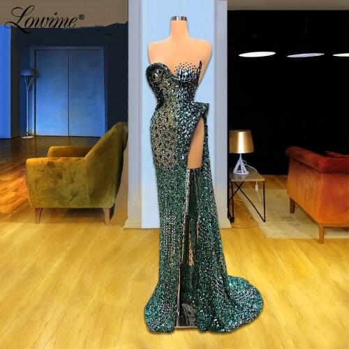 Green Crystals Beaded Evening Dresses 2021 Couture Dubai Arabic Party Dress Long Celebrity Gowns Robe De Soiree Prom Dress