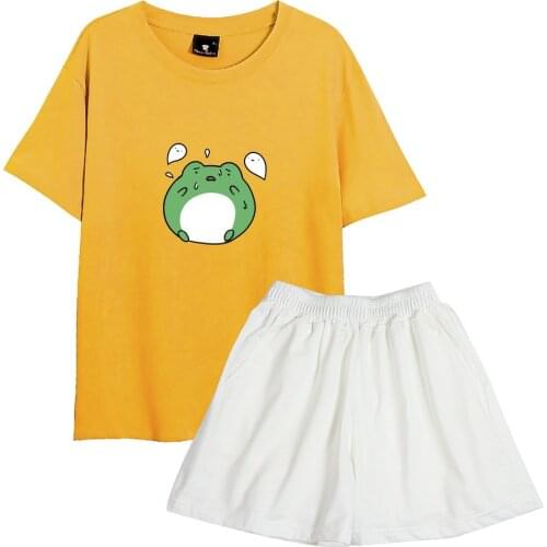 Cute Funny Frog Pjs Women Cotton Harajuku Sleepwear Indoors and Outdoors Nightgown Two Piece Suit Short Casual Chic Pajamas Set