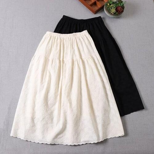 2021 New Spring Women Cotton Embroidery Solid Color Skirt Japan Style Fresh Loose A-line Skirts Women