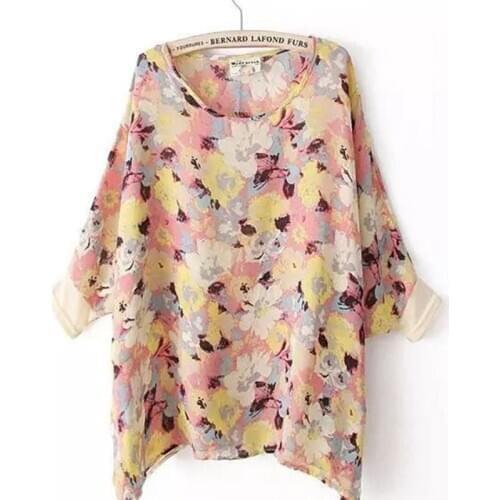 Women Summer Casual Thin Chiffon Blouse Sweet Floral Print Half Sleeve Pullover Smock Tops