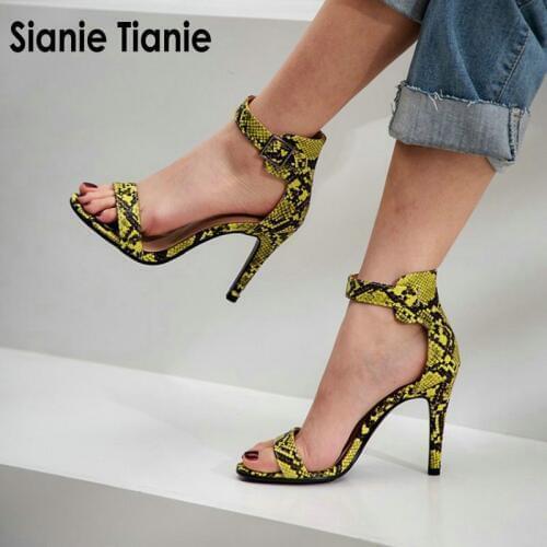 Sianie Tianie 2020 summer sexy green yellow PU python snakeskin print pattern open toe woman high heels shoes gladiator sandals