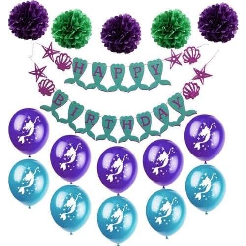 16pcs/set Mermaid Party Decoration Set Paper Flower Ball Balloon Birthday Party Supplies Mermaid Flag Suits