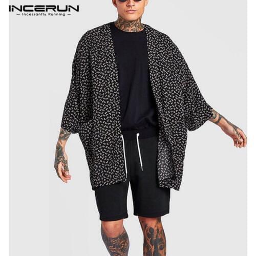 2021 Fashion Printed Men Shirt 3/4 Sleeve Open Stitch Cardigan Pockets Loose Kimono Harajuku Streetwear Casual Camisas INCERUN