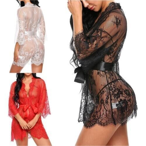 3XL Robe Women Kimono Sexy Underwear Tansparent Lace Hollow Out Mesh Erotic Silk Dressing Gown