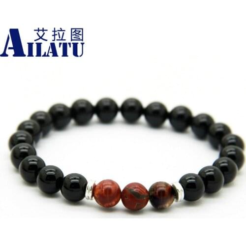 Ailatu Wholesale 10pcs/lot 8mm Black beads with Picasso stone Stretch Bracelets for Men