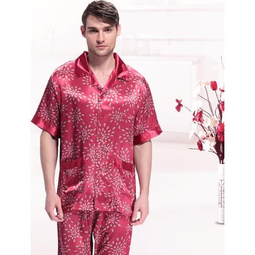 Raindrops Printed Silk Pajamas for Men, Short Sleeves Silk Pyjamas Men Sleepwear Home Suit