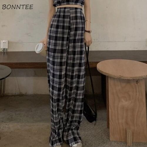 Casual Pants Women Plaid High Elastic Waist Wide Leg Korean Style All-match Trendy Spring Autumn Ladies Trousers Popular Loose
