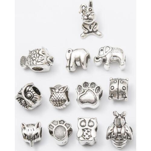 Mix 12Pcs/Lot Antique Silver Color DIY Zinc alloy Big Hole Spacer Bead Charm Fits Jewelry making Bracelet js1077