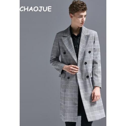 CHAOJUE Double Breasted Plaid Striped Blazer Jacket Men 2018 Spring England Causal Business Pea Coat Male High Quality Overcoat