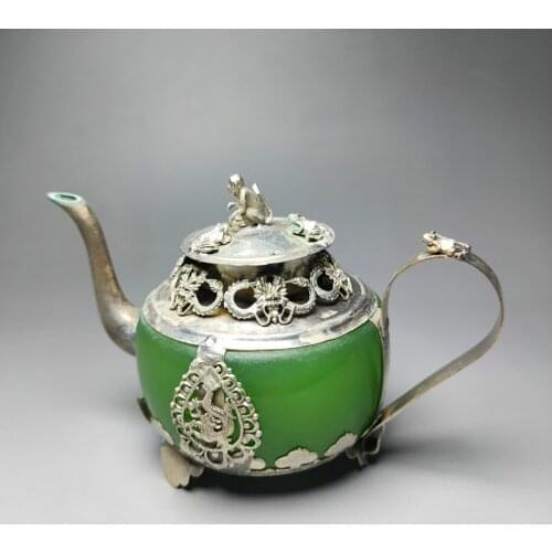 Exquisite Chinese Collectible Decorated Classical Handmade Green Jade Stone Inlaid with Tibetan Silver Dragon Monkey Lid Teapot