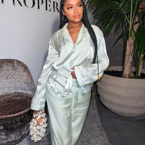 OL Office Wear Women Satin Outfits Turn Down Collar Blouse Shirt + High Waist Pants Two Pieces Sets Wide Length 2 Piece Outfits