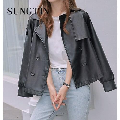 Sungtin New Korea Black Oversized PU Leather Jacket Women Belt Fashion High Street Loose Faux Leather Jackets Vintage Punk Coats
