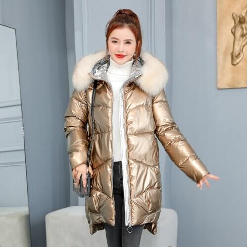 Winter Solid Parkas for Woman Casual Thick Ladies Jackets Hooded Fur Loose Female Puffer Coats Shiny Padded Cotton Women Parkas