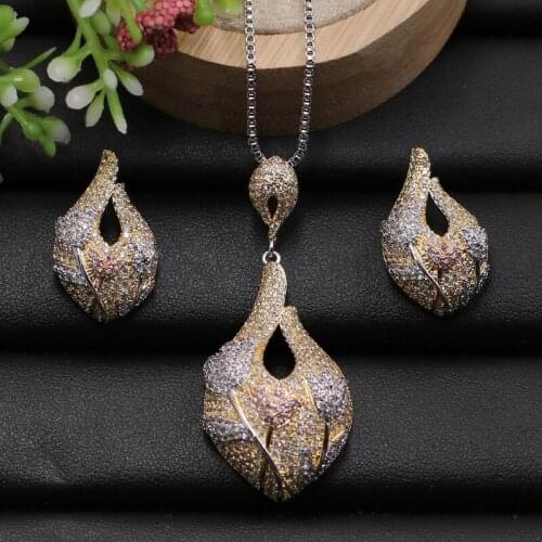 Lanyika Jewelry Set Luxury Embossed Tulip Cubic Zircon Micro Paved Necklace with Earrings for Engagement Party Popular Gifts
