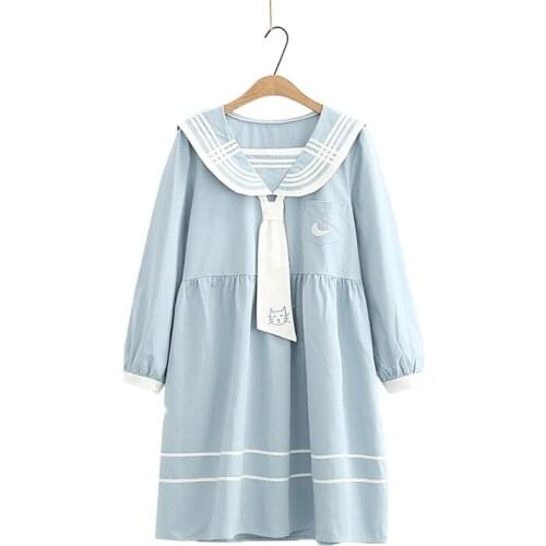 Sweet Japanese Dresses For Women Vintage Gothic Sailor Collar Long-Sleeve Loose Solid Dress With Cute Cat Tie 2020 Autumn