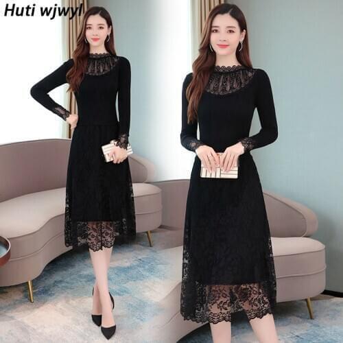 3XL Plus Size Women Bodycon Casual Black Velvet Dress Autumn Winter Cotton Vintage Maxi Vestidos 2021 Party Lace Sexy Midi Dress