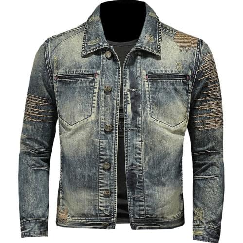 2021 Retro Jeans Jacket Men Denim Coat Autumn Bomber Motorcycle Casual Lapel Long Sleeve Embroidery Slim Cowboy Clothing