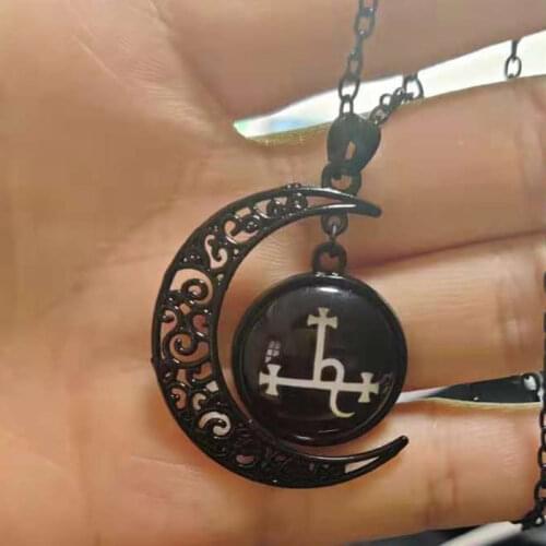 2018 New Dome Glass Black Rune symbol Pendant Moon Chain Unique Charm Men Necklace Wholesale