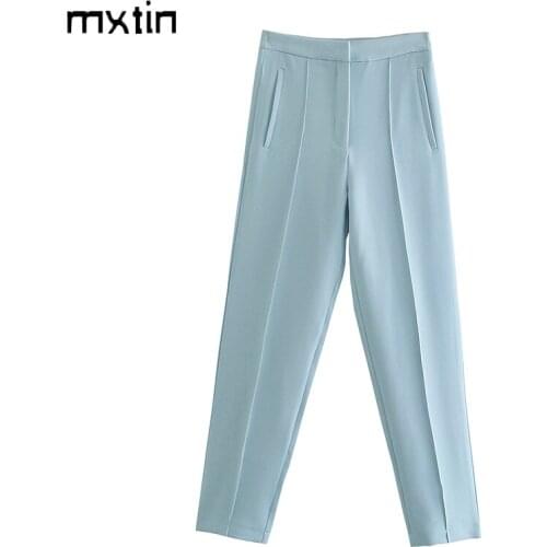 MXTIN 2021 Women Spring Vintage Solid Zipper Straight Pants Fashion High Waist Fly Side Pockets Female Ankle Trousers Mujer