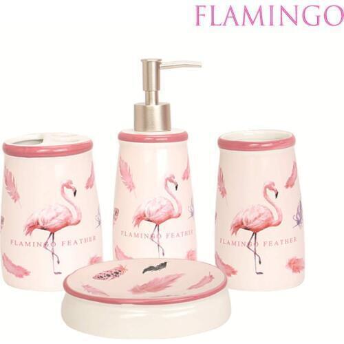 4 PCS Ceramic Bathroom Accessories Set,Lotion Dispenser, Toothbrush Holder and Soap Dish Pink Flamingo Housewarming gift