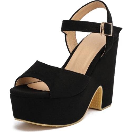 Summer New 2021 Plus Size 43 44 Chunky High Heel Black Blue Peep toe Platform Buckles strap Comfortable Sandals Women Shoes