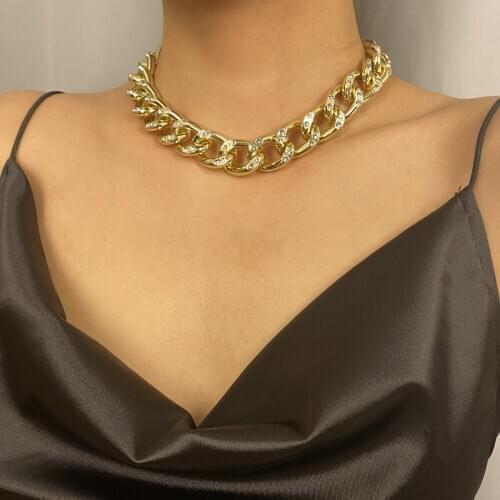 Punk Curb Cuban Choker Necklace Collar Statement Gold Color Inlay Crystal Chunky Thick Clavicle Chain Necklace for Women Jewelry