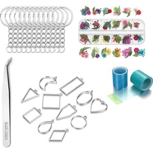 R58E Natural Real Dried Flower Open Bezel Charms Geometric Frame Pendant Tweezer Keychain Set Epoxy Resin Casting Molds Filling