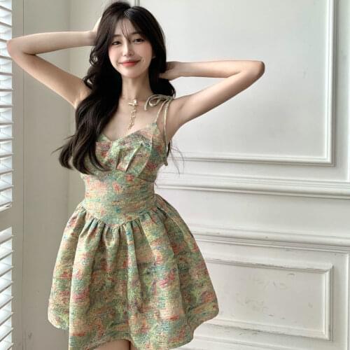 Retro Gentle Style Girl Floral Suspender Dress Summer New Mini Length High Waist Puffy Dresses For Teenage Party