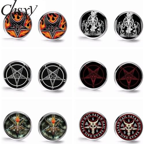 CHSXY Satanism Baphomet Inverted Pentagram Stud Earrings Retro Goat Head Art Photo Glass Cabochon Earrings Unisex jewelry Gifts