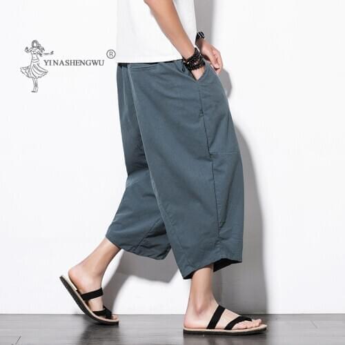 Japanese Style Embroidered Pants Kimonos Harajuku Yukata Beam Feet Harem Men Asian Japan Traditional Print Cropped Male Costume