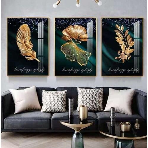 Modern Light Luxury Golden Leaf Living Room Paintings Plant Crystal Porcelain Murals High-End Restaurant Prints