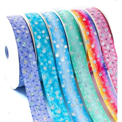 Japanese Flower Laser Sliver Grosgrain Ribbon Double Face Printed Kimetsu No Yaiba Pattern for DIY Hair Bows Handmade Materials