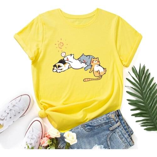 5XL Plus Size Women Shirt Sleeping Cat Print T-Shirt O-Neck Short Sleeve Tee 100%cotton Woman TShirts Kawaii Tops Summer Clothes