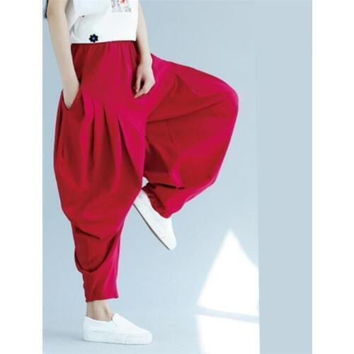 2020 Women Cotton Linen Elastic Waist Drop-Crotch Baggy Pure Long Lantern Trousers Patchwork Wide Leg Pants Party Pantalon Red