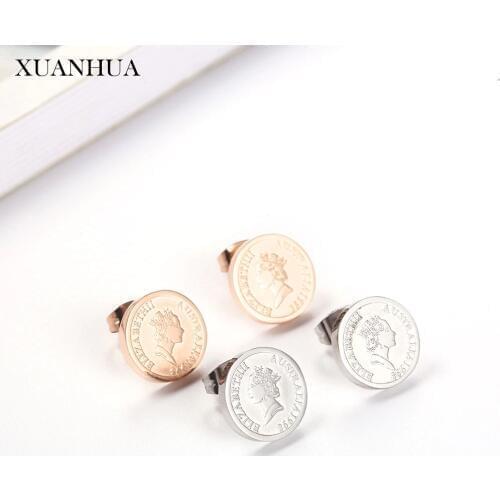 XUANHUA Rose Gold Coin Stud Earrings For Women Stainless Steel Jewelry Woman Vogue 2019 Jewelry Accessories Mass Effect