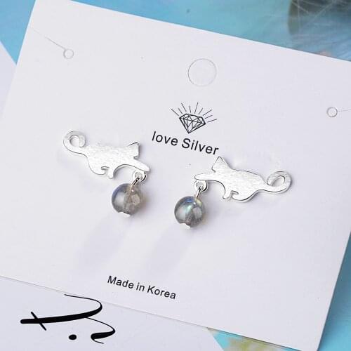 925 Sterling Silver Cute Natural Strawberry Crystal Moonstone Cat Stud Earrings For Women Girl Gift Jewelry Dropshipping S-E728
