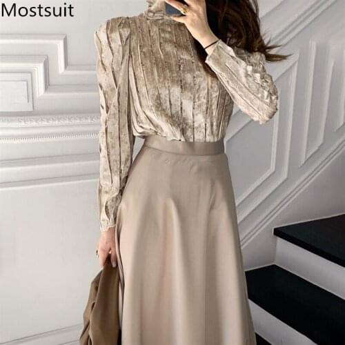 2021 Spring Korean Elegant Two Piece Skirt Set Women Velvet Pullover + Satin A-line Skirt Office Fashion Vintage Ladies Outfits